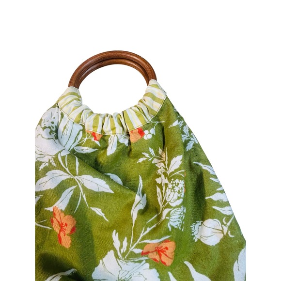Vintage Green Floral Canvas Tote Bag with Wooden Ring Handles Small Handbag - Picture 2 of 4